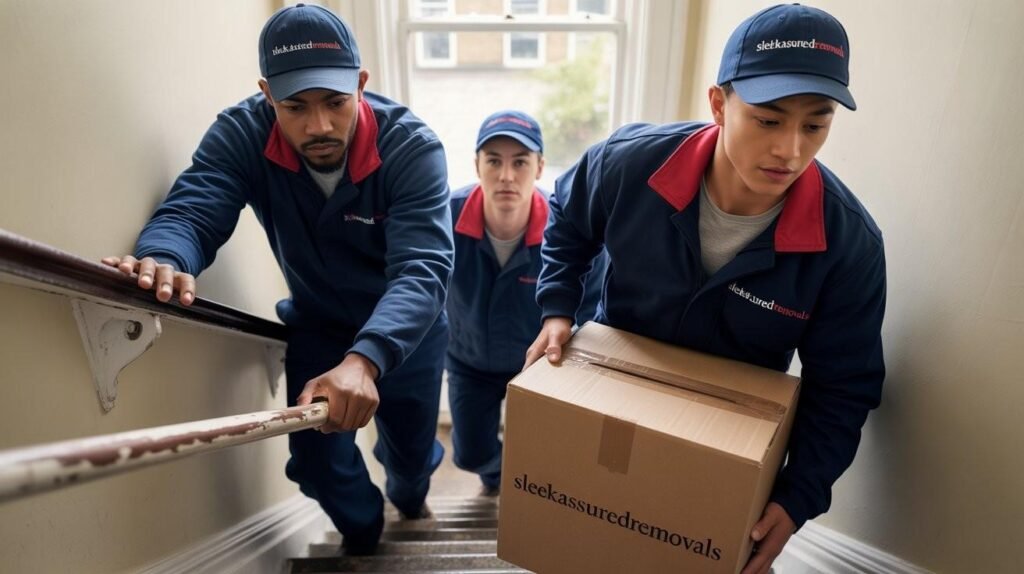 Our movers in navy uniform carrying small boxes down a narrow London flat staircase with no lift