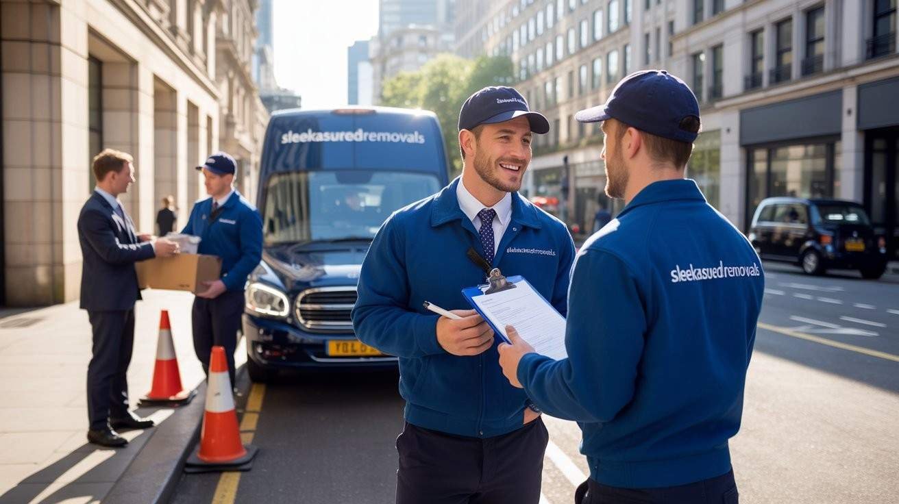 Removal team in branded uniform planning a stress-free office move outside a London building