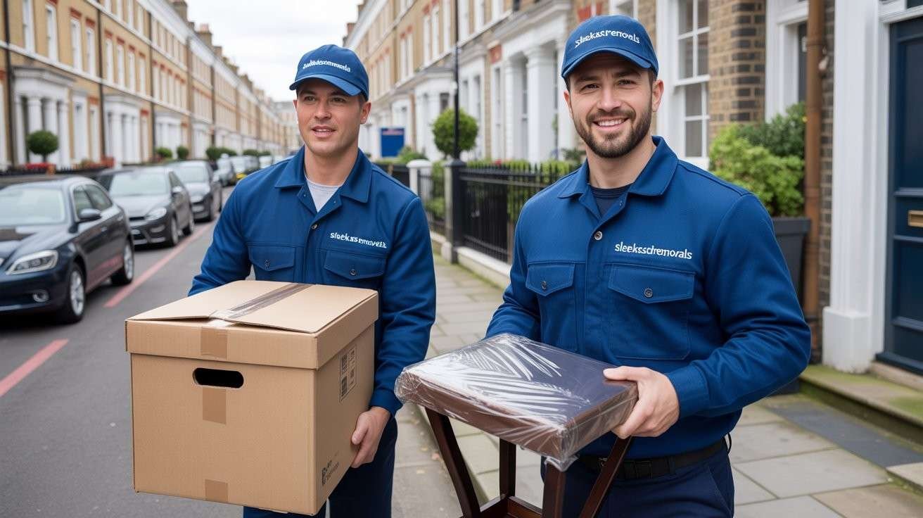 Two sleekassuredremovals movers in uniforms carrying a moving box and a piece of furniture on a London street