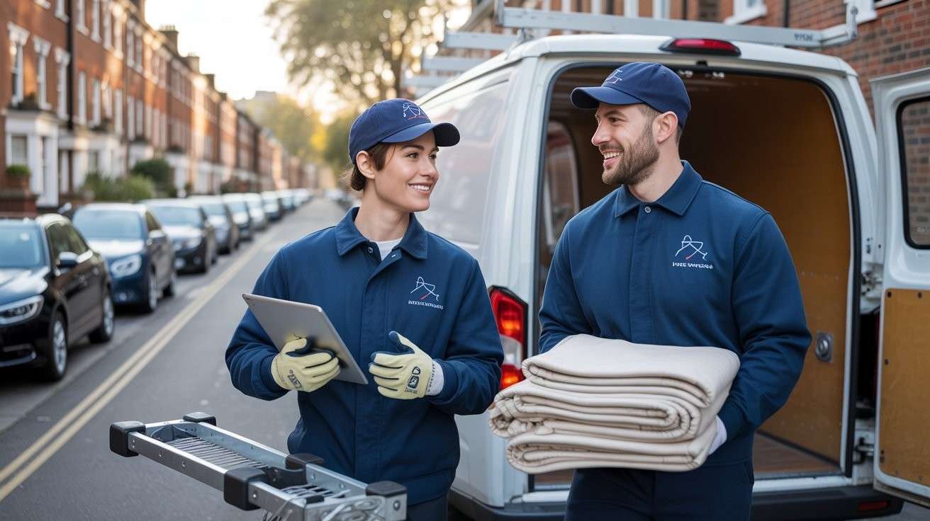 Movers arriving on a narrow London street