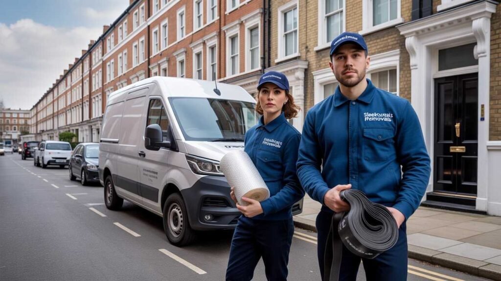Two sleekassuredremovals movers beside a removal van on a London street, ready for a single-item move