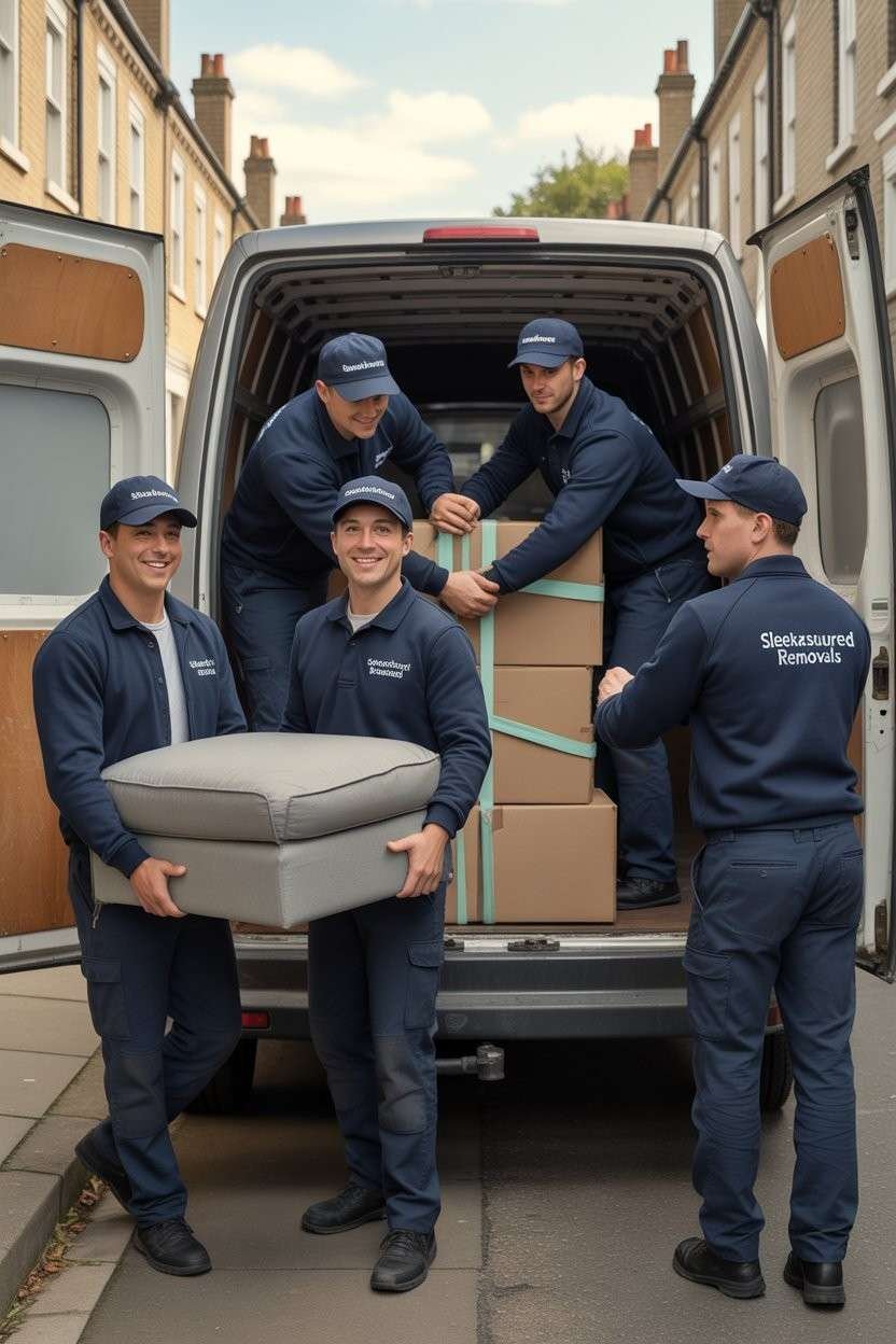 Sleekassuredremovals movers in navy uniforms loading a sofa and securing boxes in a van in Wandsworth