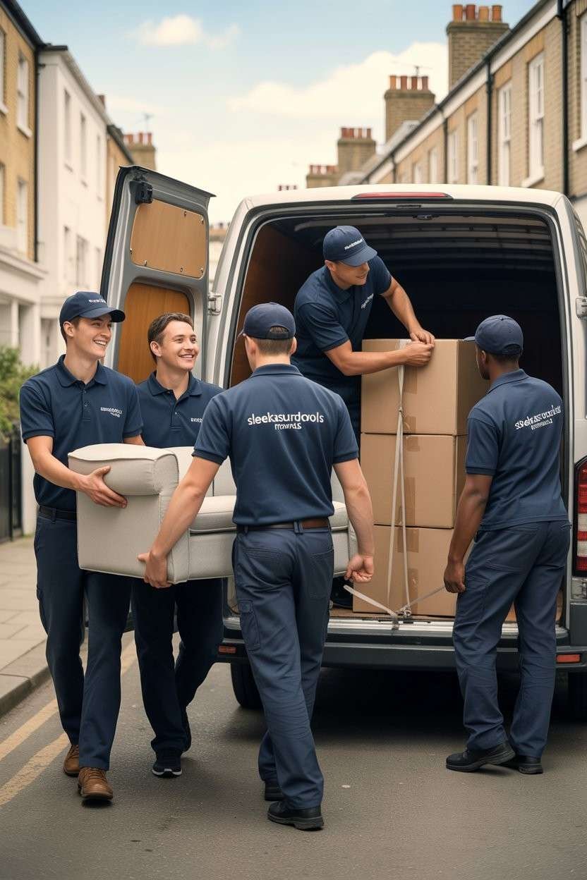 Navy-uniform movers carrying a sofa while another worker secures boxes inside a van
