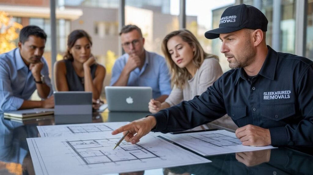 consultant discussing a high-rise building risk assessment with a London building manager