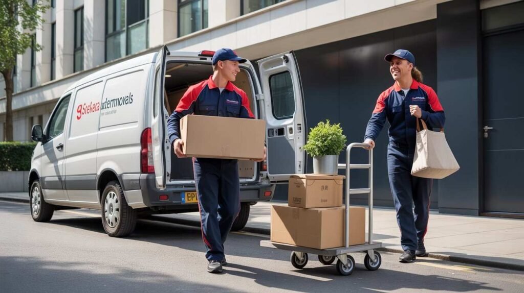 team carrying furniture and boxes into a trolly during a midweek move