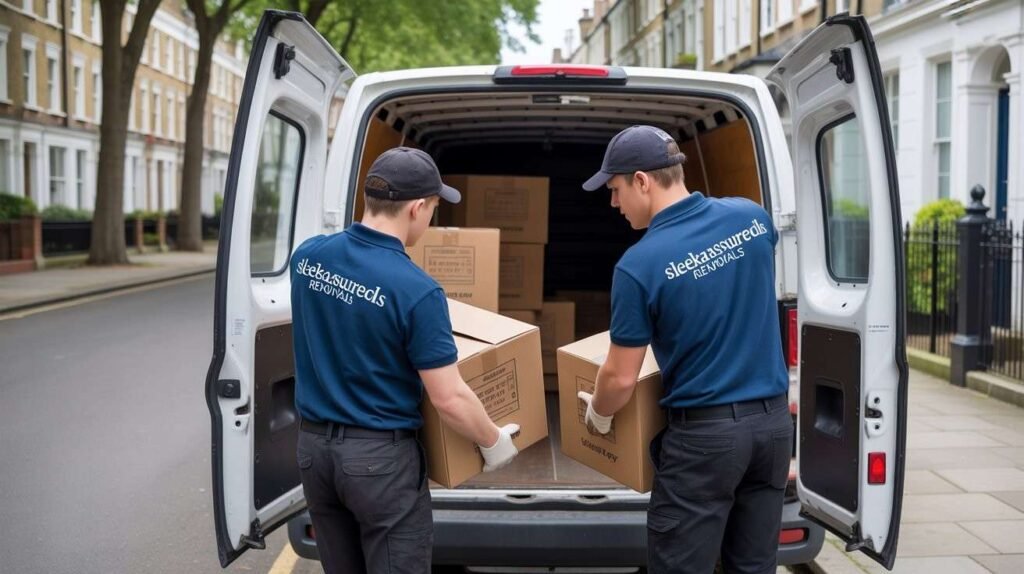 Two sleekassuredremovals movers in uniforms load wrapped office boxes into a van on a narrow London street