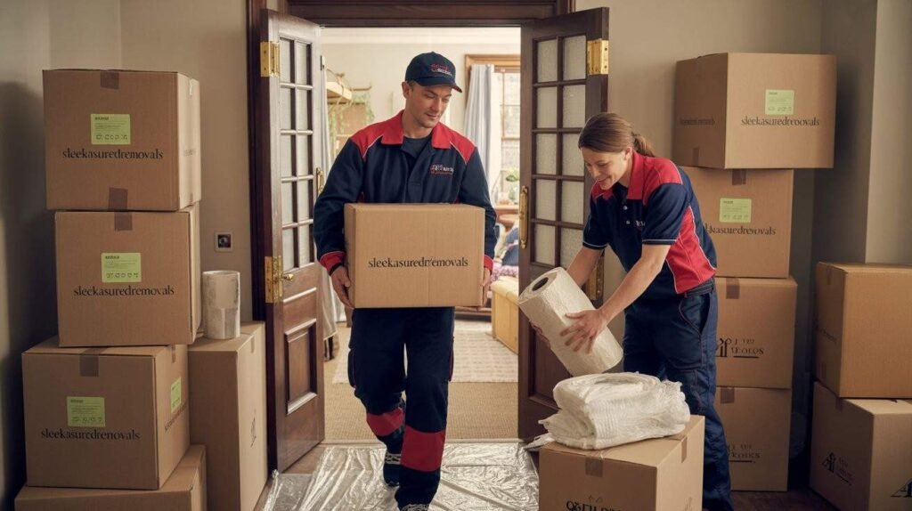 Professional movers packing and carrying labelled boxes in a London property with floor protection and careful handling