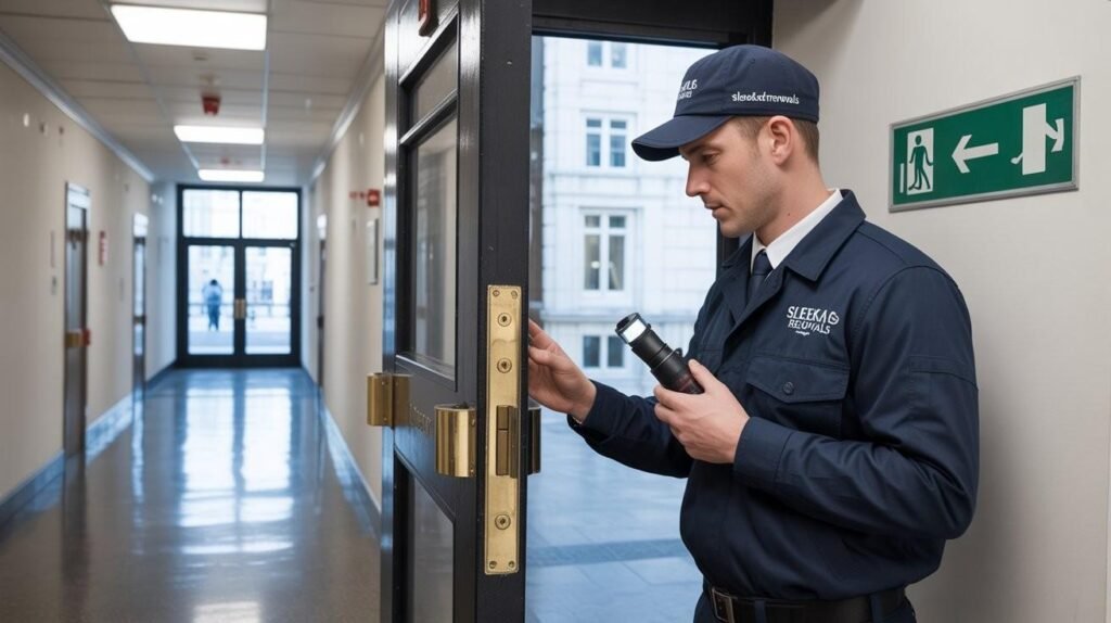 Inspector checking a fire door in a London high-rise corridor