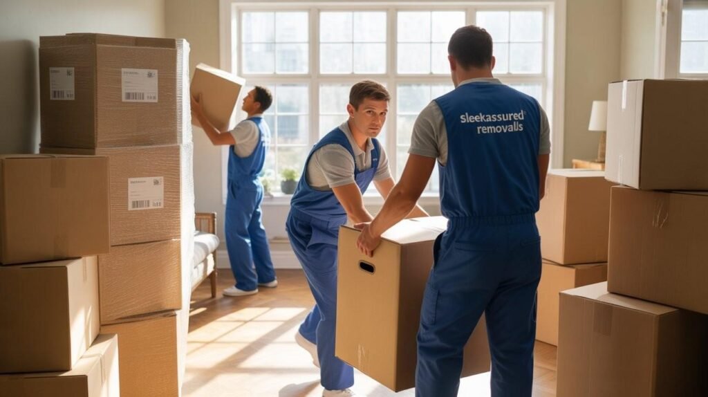 movers stack reusable moving crates in a London flat using eco-friendly packing methods