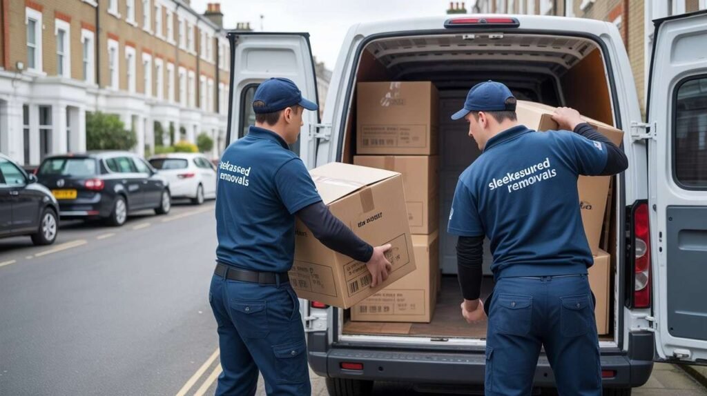 London removals team loading boxes into a van