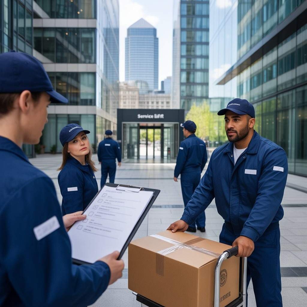 movers coordinating with concierge in a Canary Wharf lobby before using the service lift for a smooth move