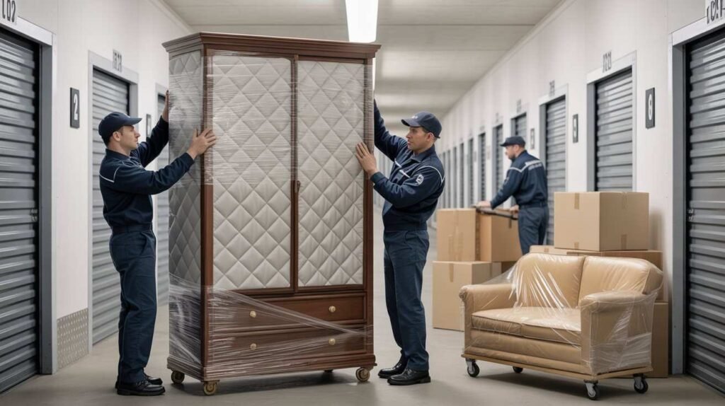movers wrapping furniture for secure storage during a London house move