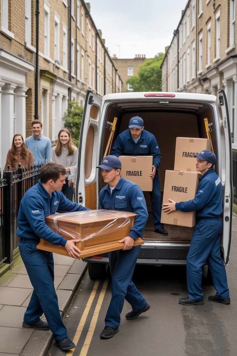 Our House Removals movers lowering boxed furniture while clients watch