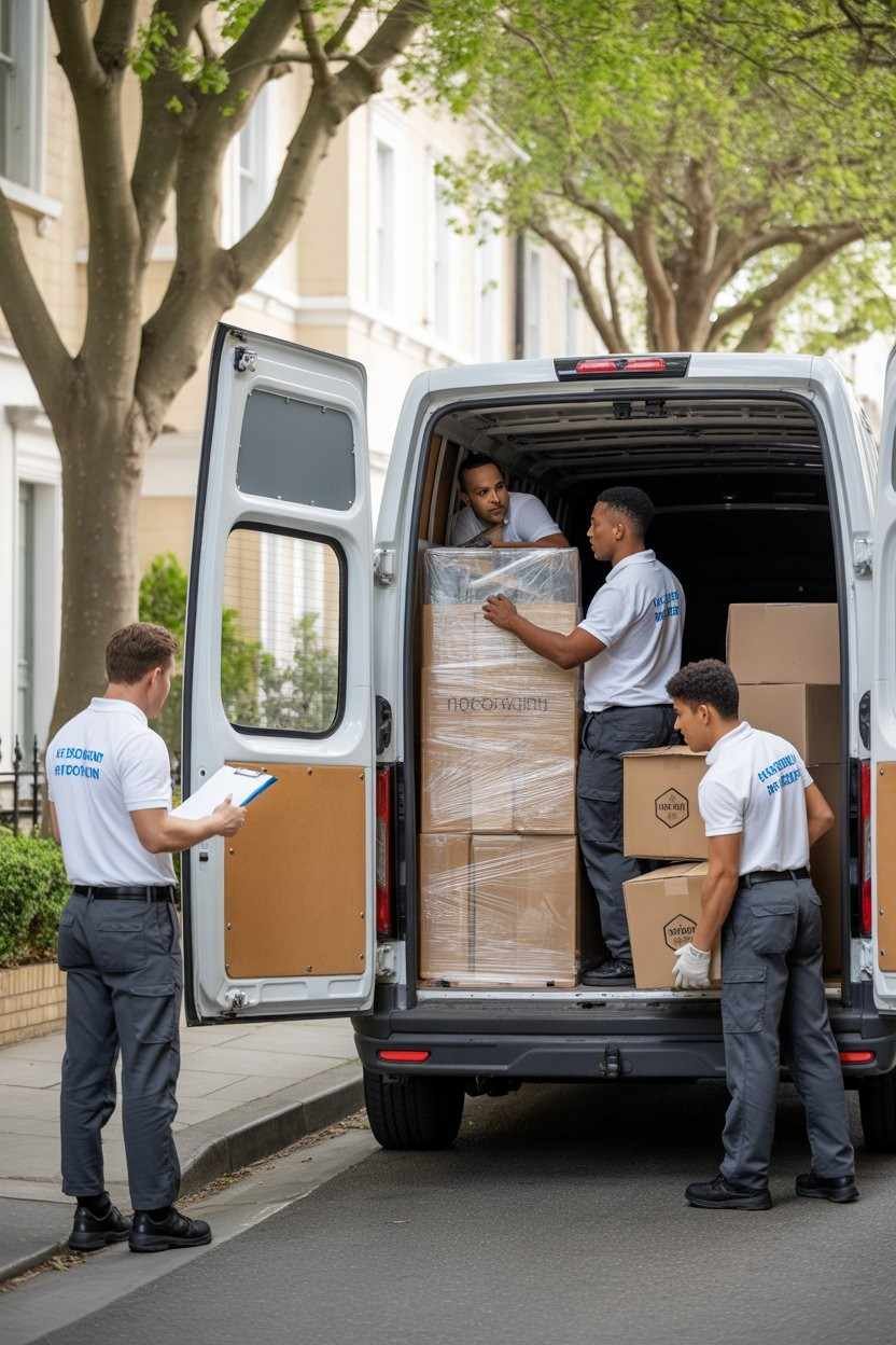 office workers loading boxes into a service van while one worker takes notes