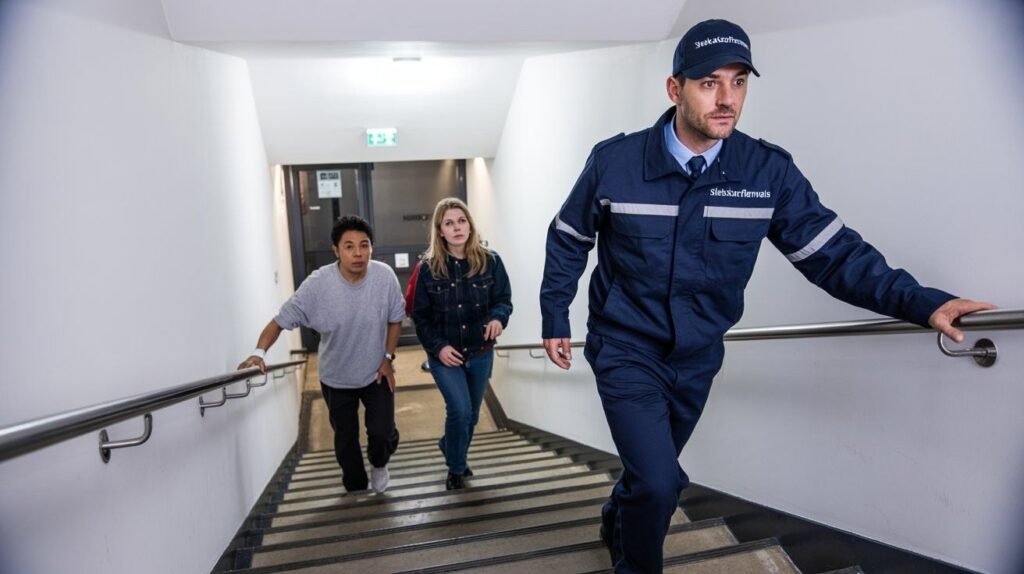 Residents using stairs for evacuation in a London high-rise guided by sleekassuredremovals safety staff