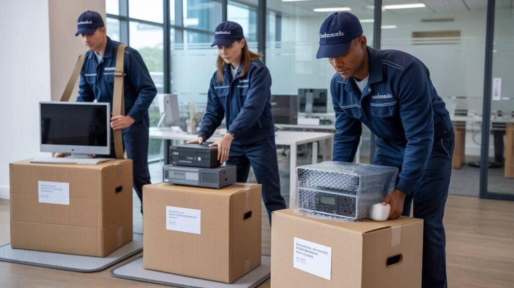 Movers in branded uniform packing office IT equipment with protective materials in a modern London office