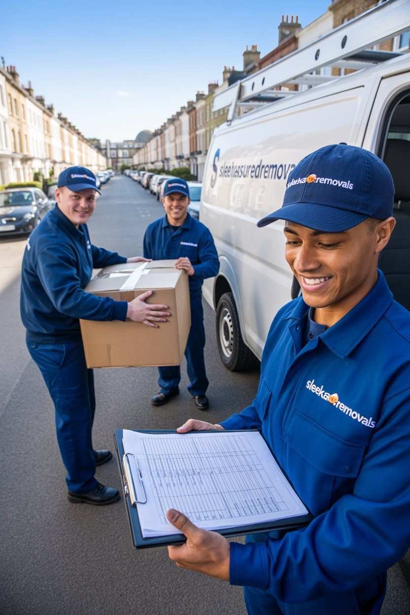 Waste clearance workers unloading boxes from a service van in West London by sleekassuredremovals