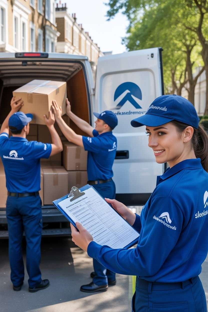 Waste clearance workers listing or unloading boxes