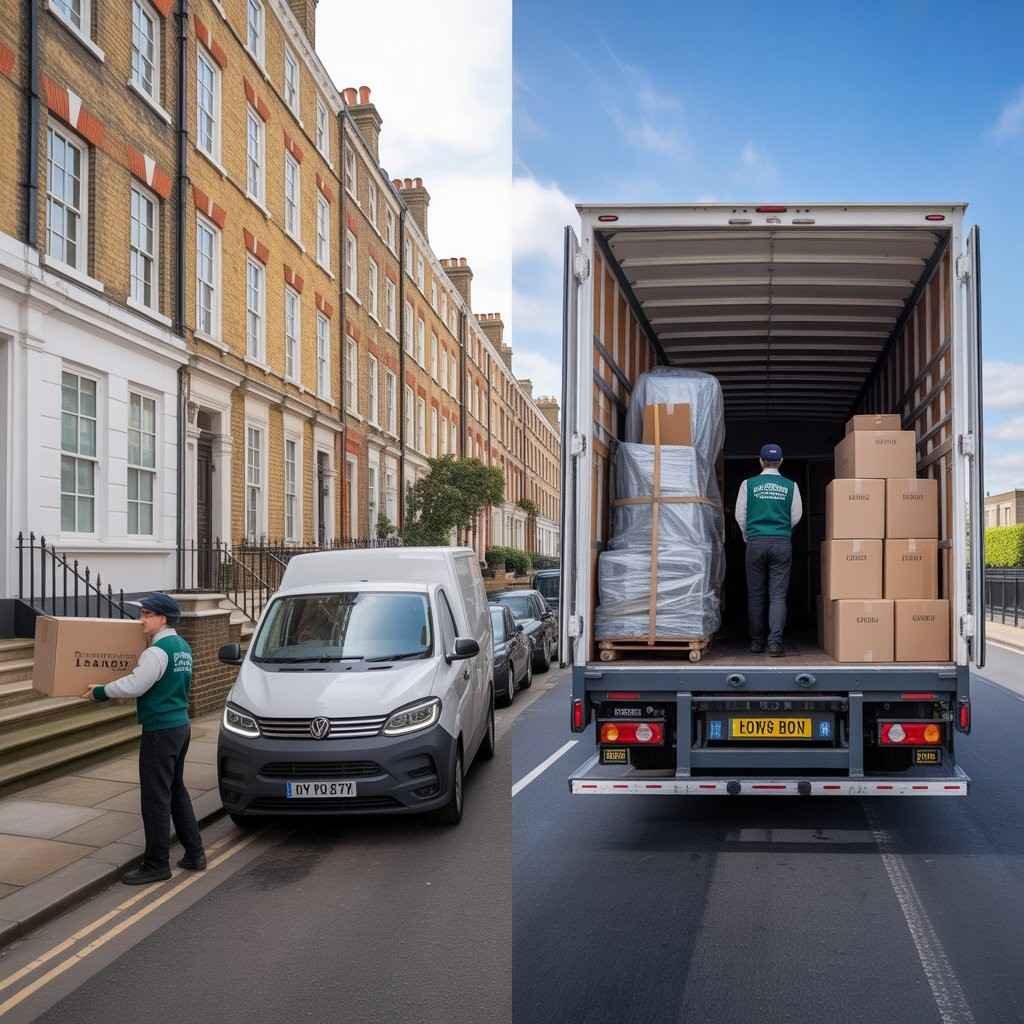 Worker unloading storage boxes from Sleek Assured Removals van in East London