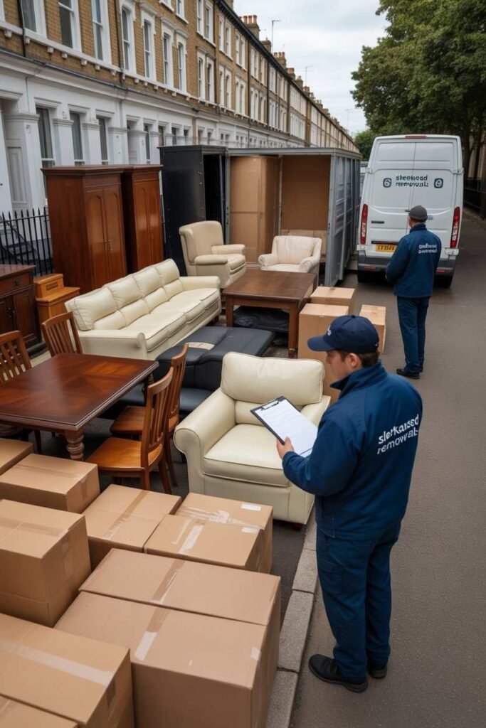 Two movers loading boxes and home furniture into a service van