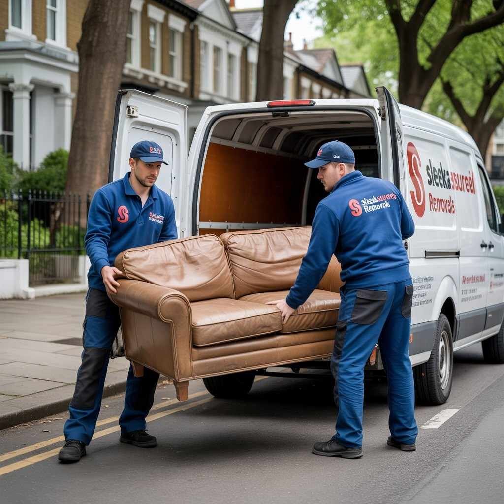 Two movers Battersea loading moving a sofa