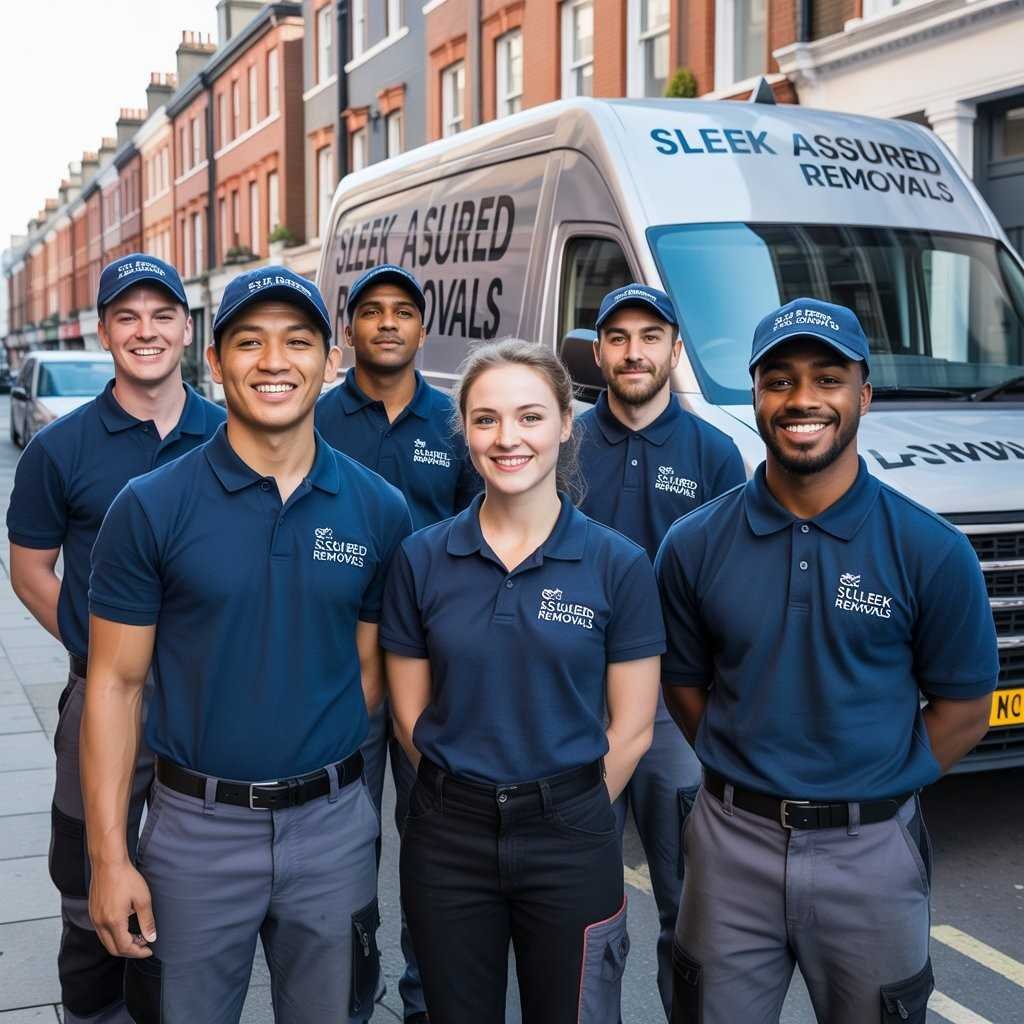 Our Sleek Assured Removals team with branded service van in Central London