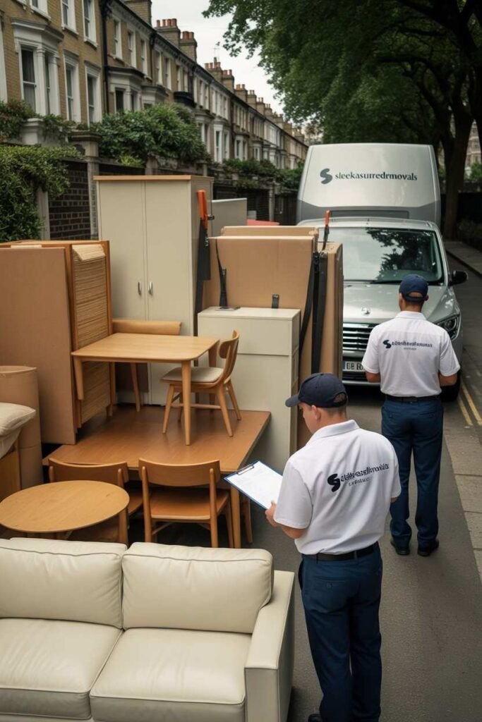 Three Professional movers loading furniture and boxes