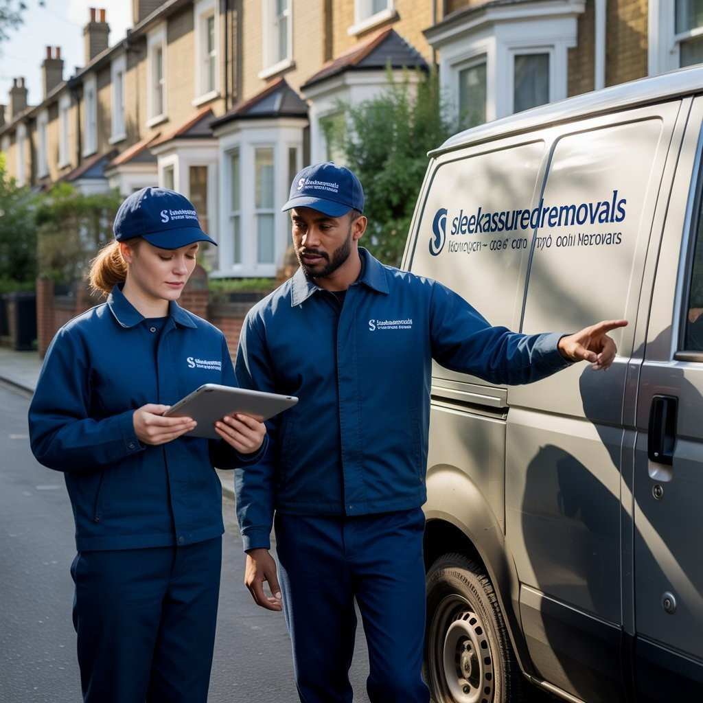 Two movers, one holding a clipboard while the other points toward the van beside a modern tower entrance