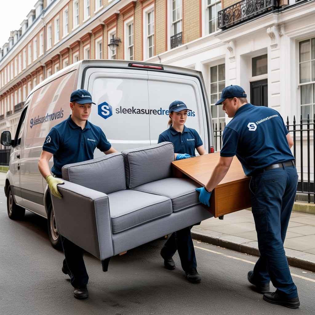 Our Three movers carrying boxes and furniture from a van