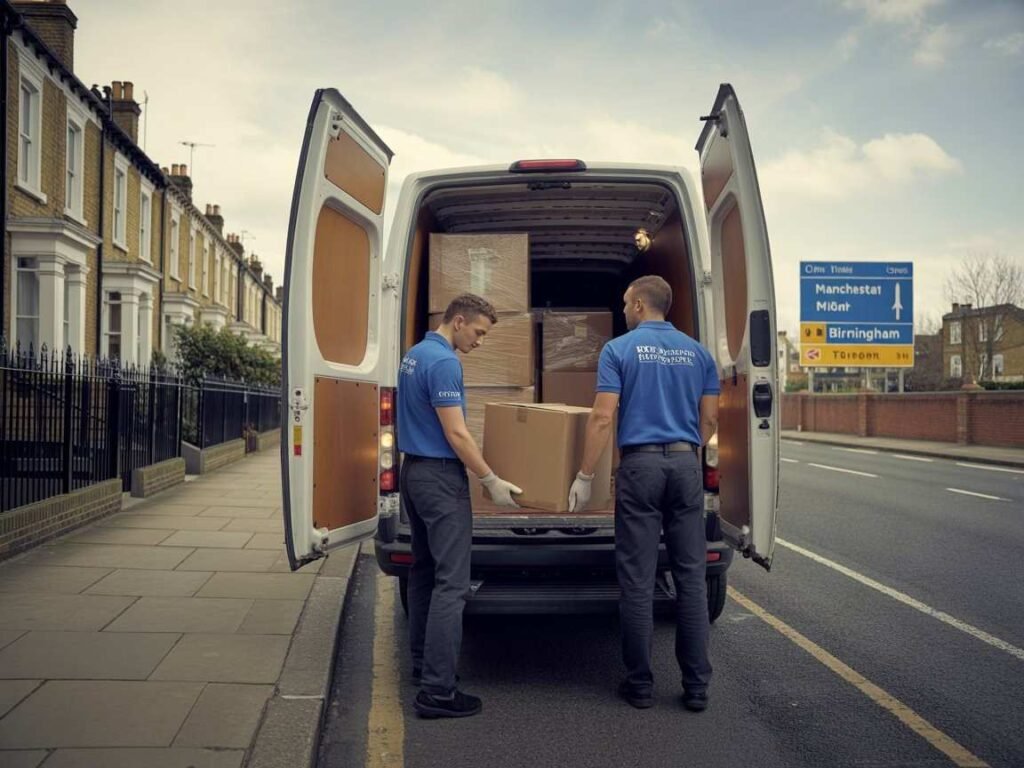 Two professional waste clearance workers carrying boxes