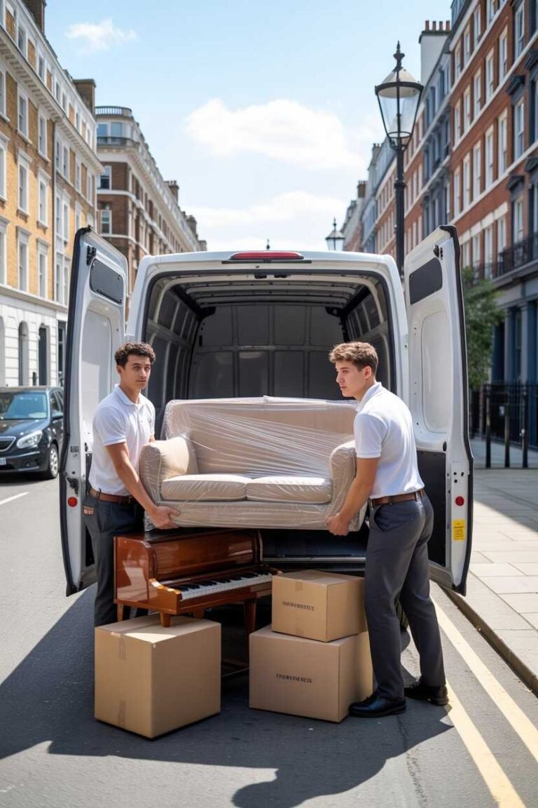 house removal workers loading sofa or boxs in service Van