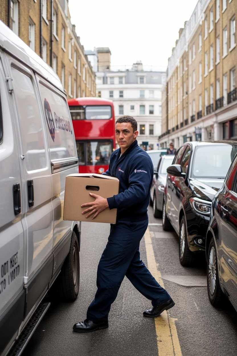 Mover carrying a box towards a Sleek Assured Removals van during a house removal in London
