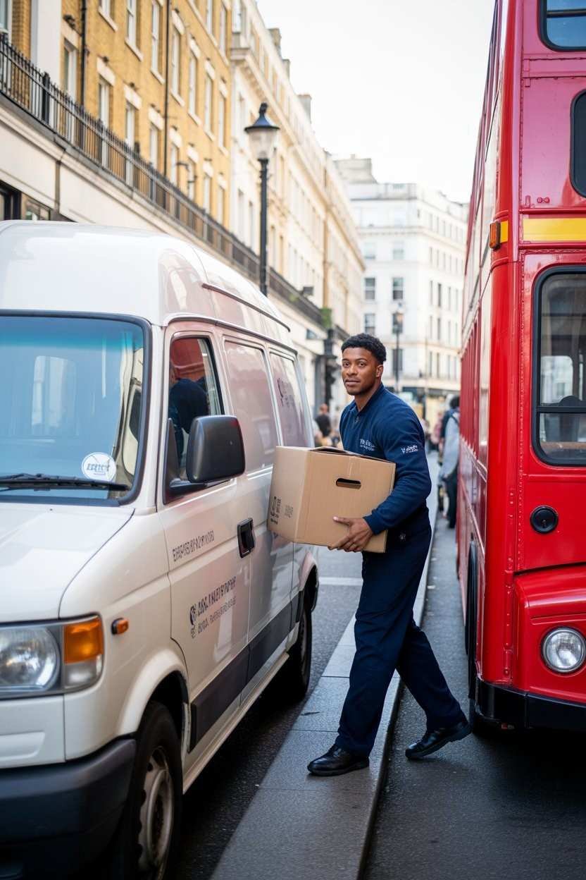 professional Mover carrying boxes from a home on the street during a house removals Van