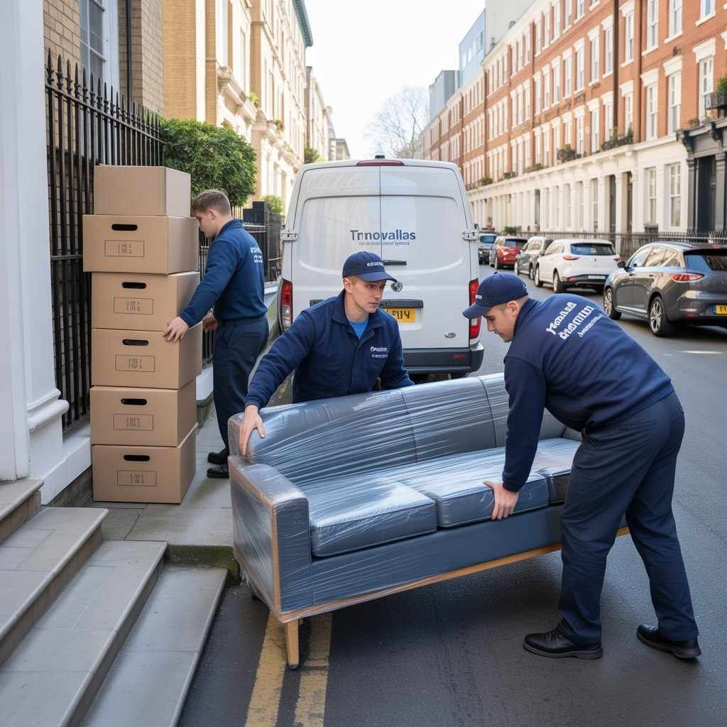 Two workers carrying a large sofa while another packs boxes beside a waste clearance van in East London steets