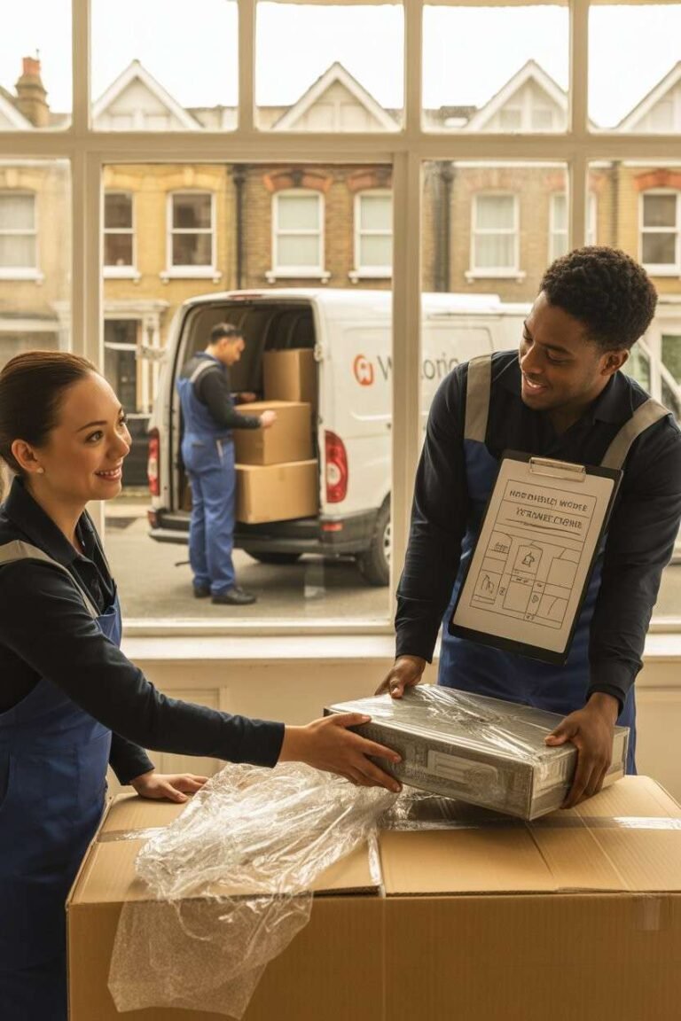 movers handling a stress-free office removal in London, carefully packing and loading boxes