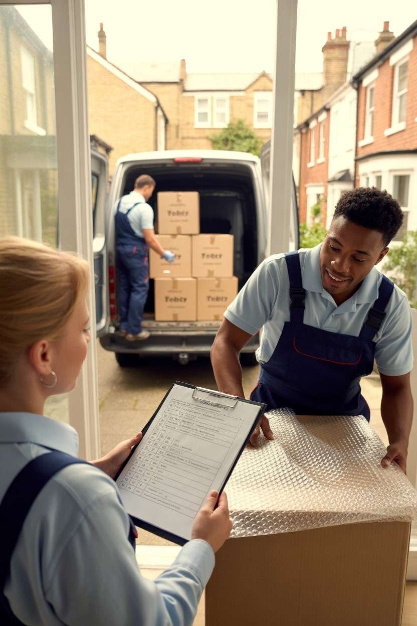 professional movers carefully lowering boxes and listing