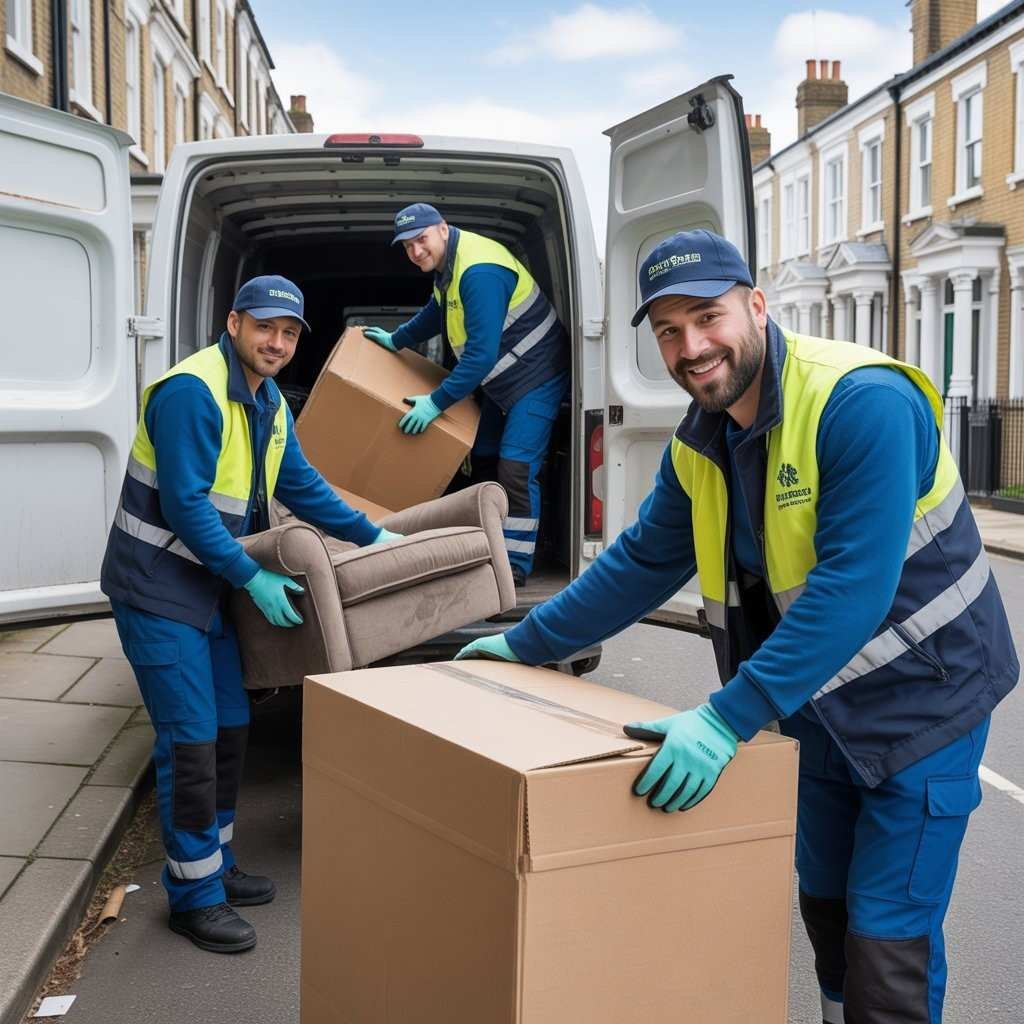 Our Waste clearance team loading boxes into a branded service van in West London