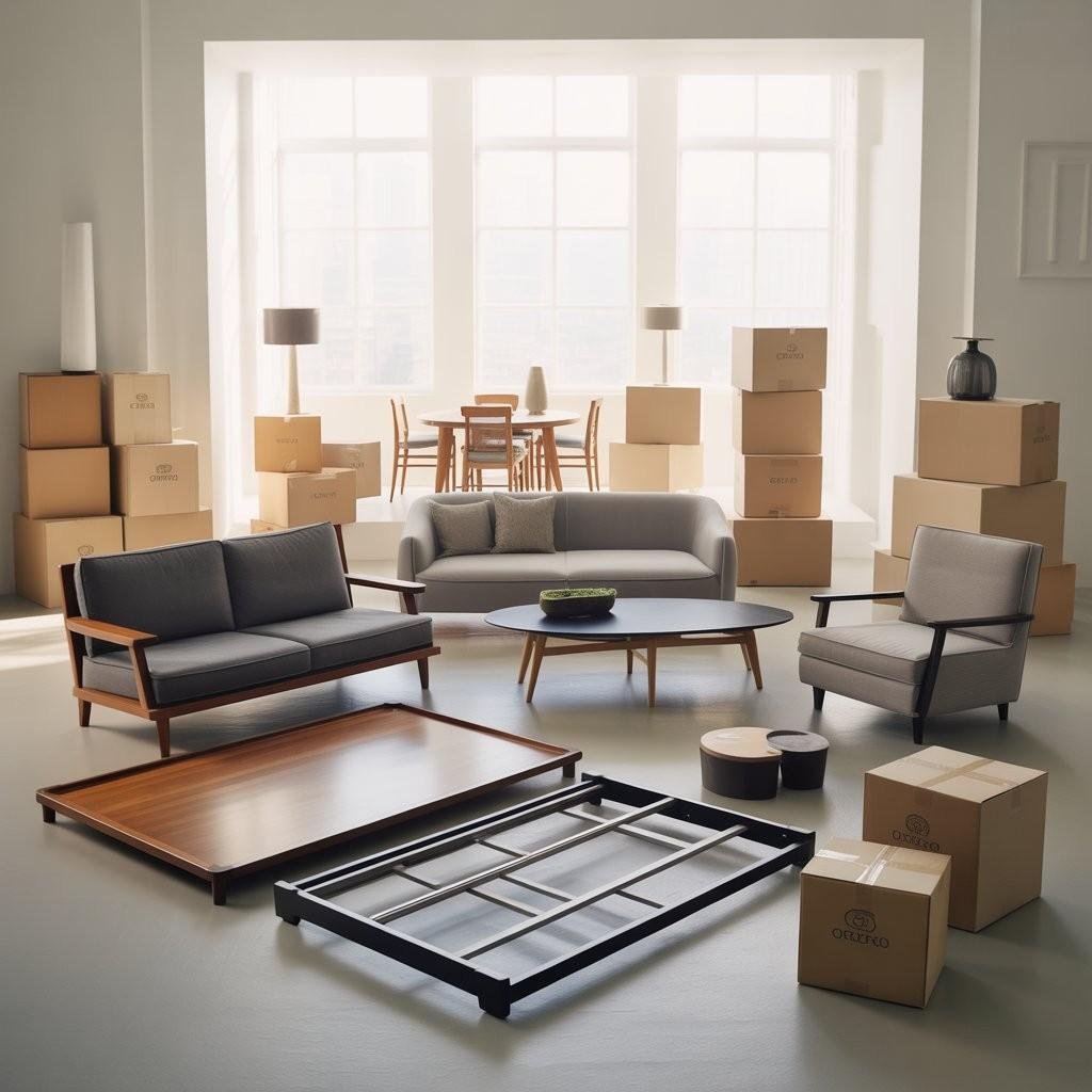 Packed moving boxes or home furniture