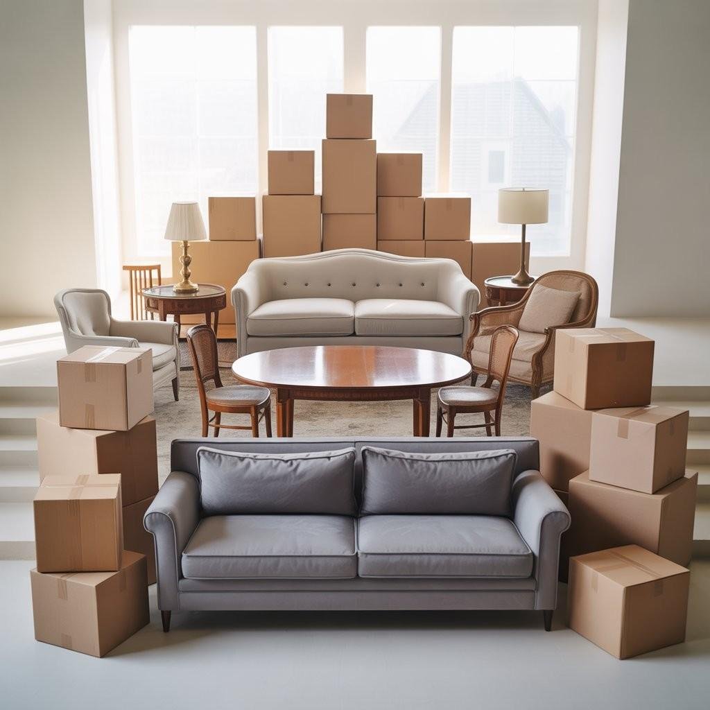 Packed living room furniture — sofa, table, lamp and moving boxes ready for relocation.