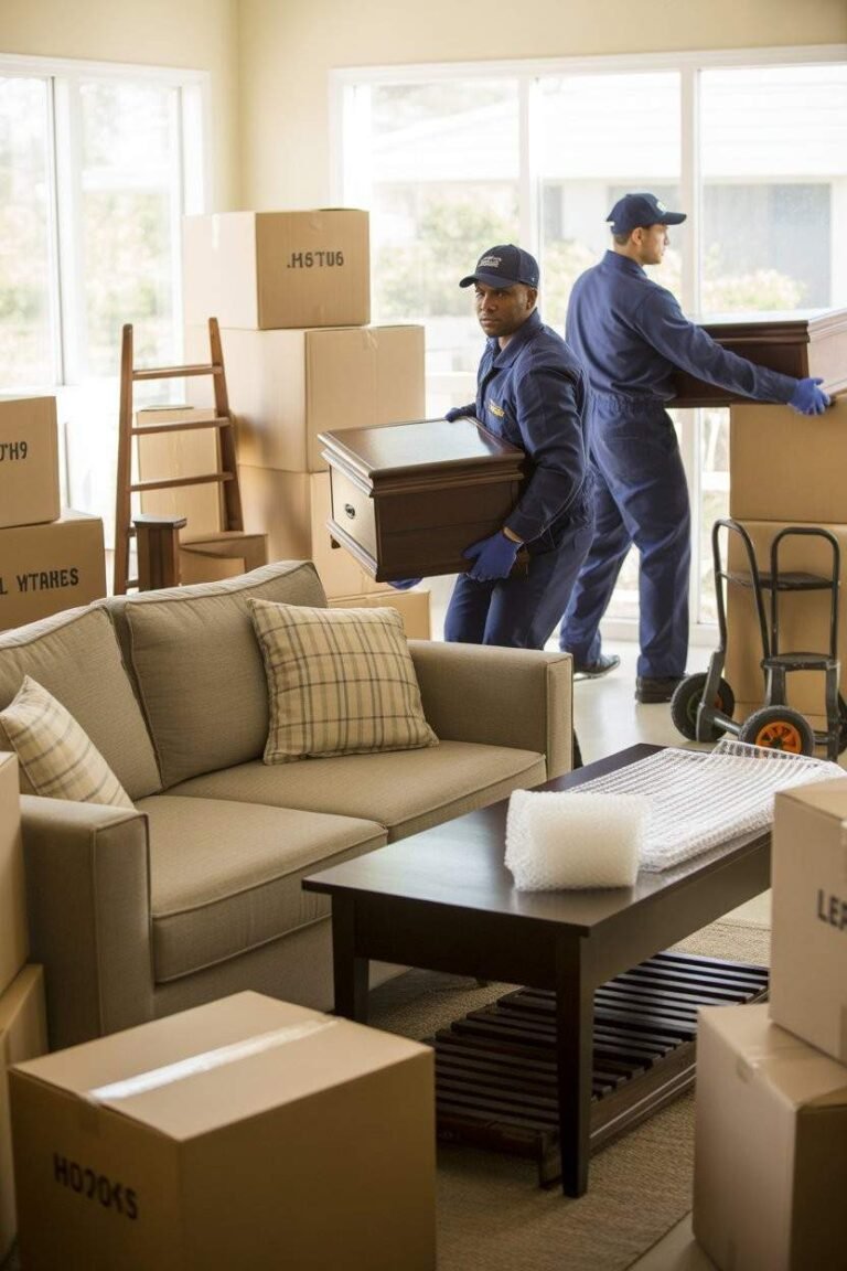 Two professional movers carrying home furniture during a residential move