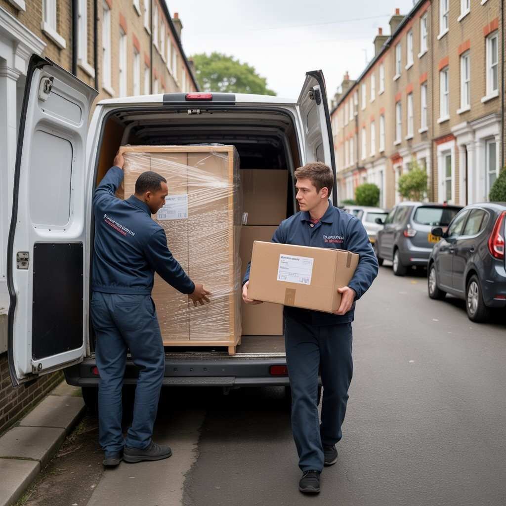 Two workers unloading boxes and furniture from a service van in South London