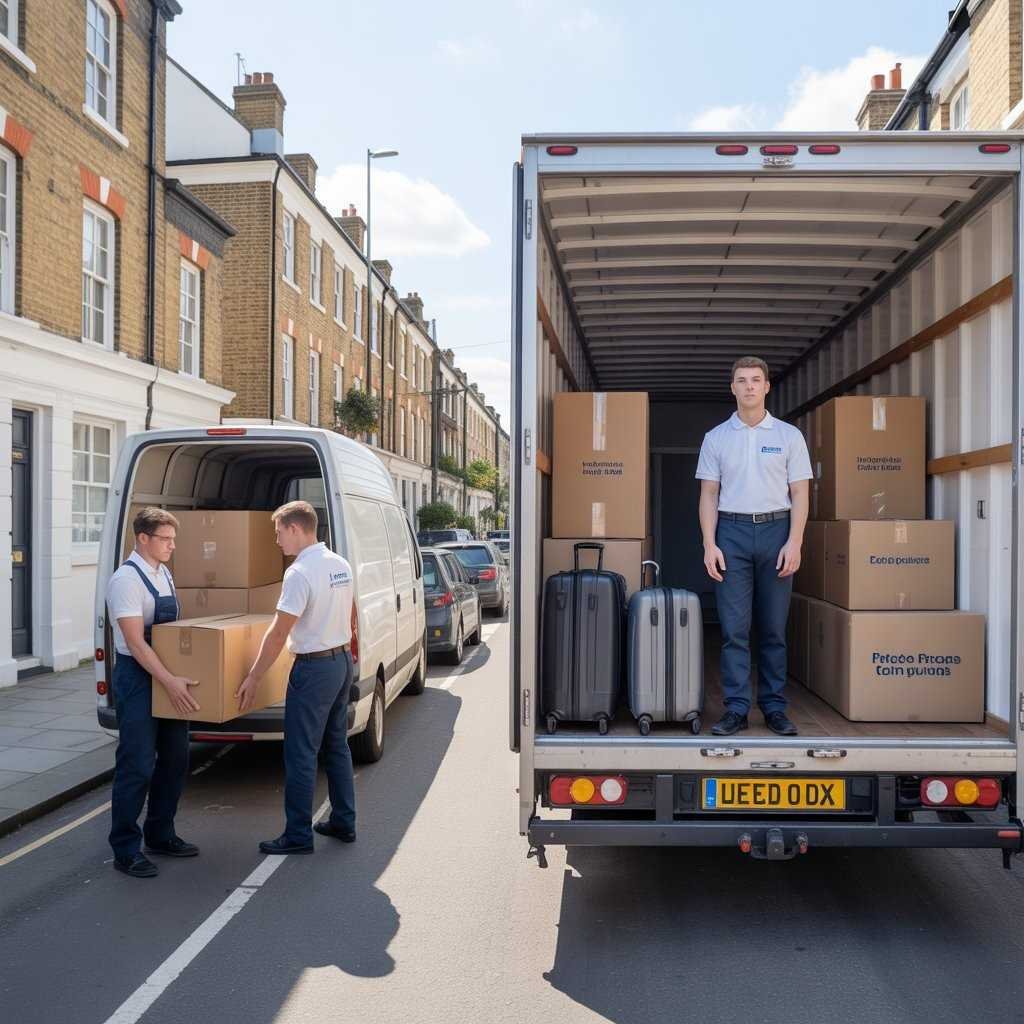 workers loading boxes and furniture into a service van