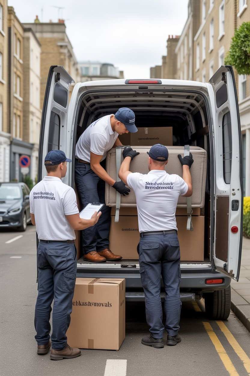 Man and van service in Battersea loading moving boxes and a sofa