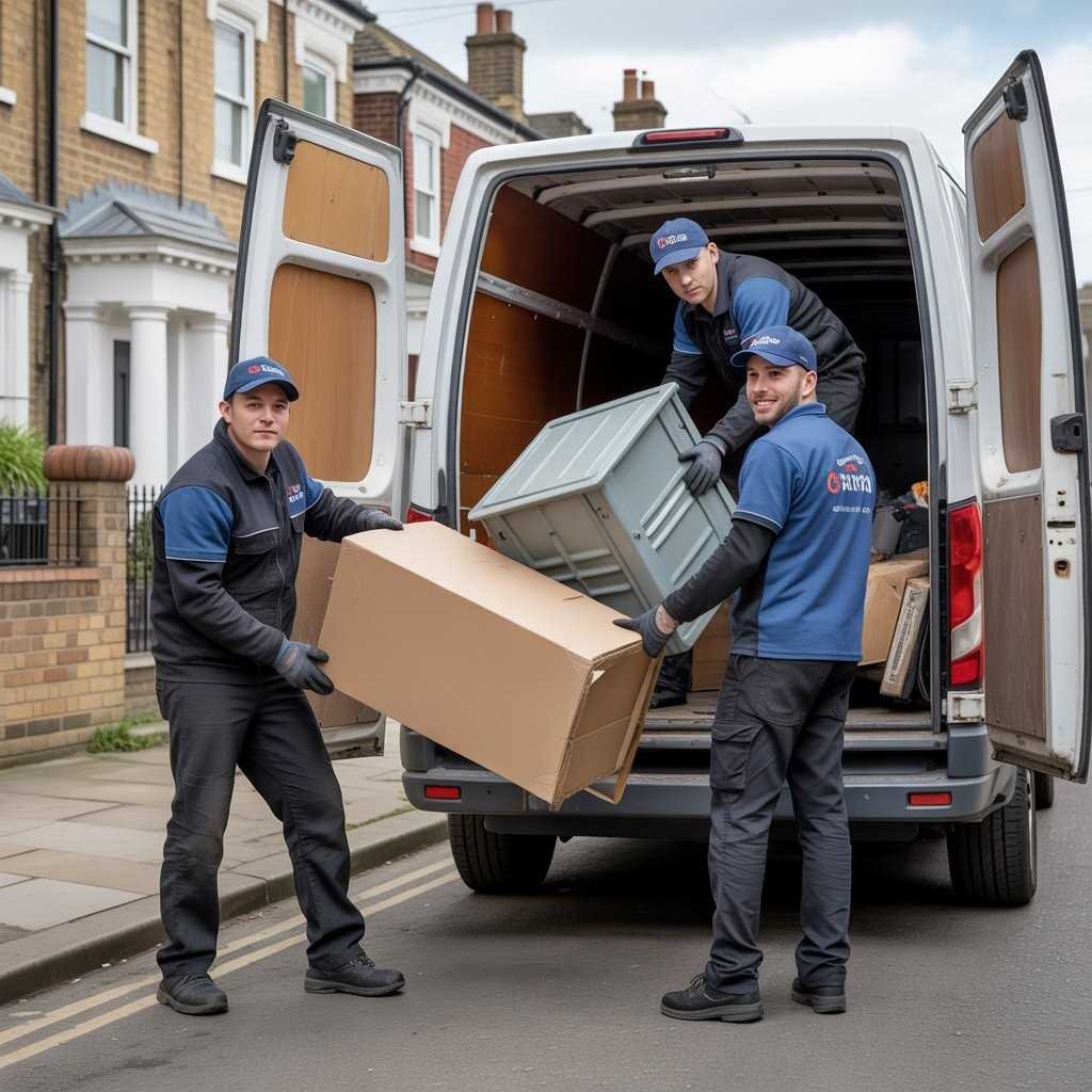 Three workers unloading furniture and boxes from a waste clearance van