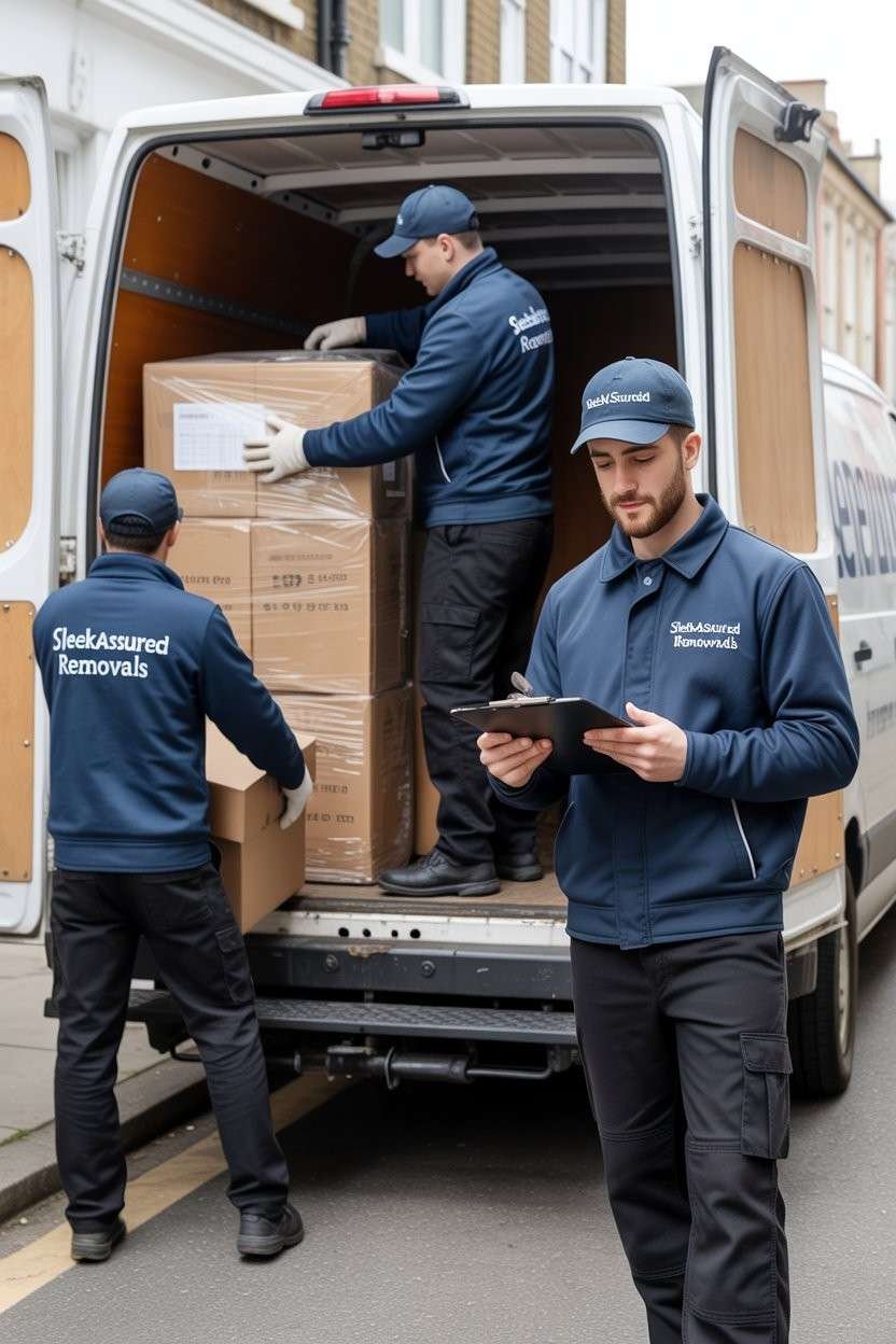 Professional sleekassuredremovals waste clearance team loading boxes into branded service van