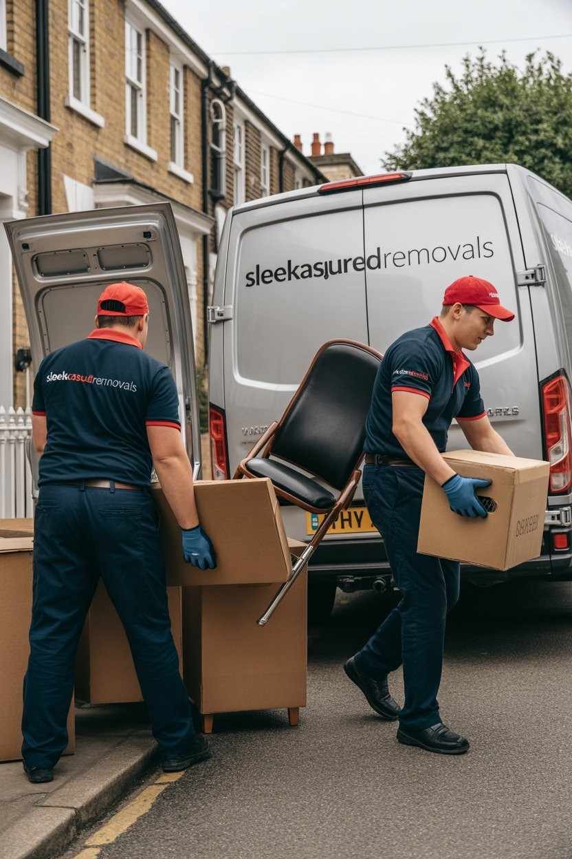 Two workers loading boxes and home furniture into a waste clearance van