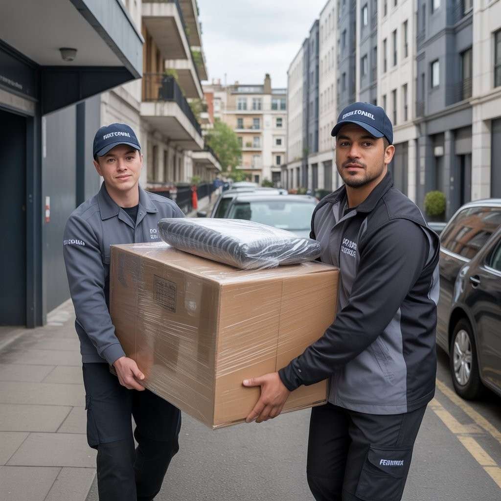 Two waste clearance workers carrying boxes during a London furniture disposal job