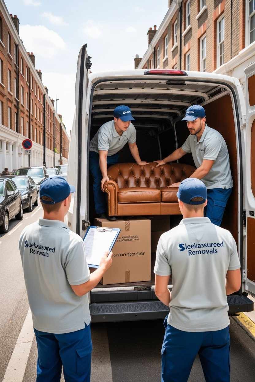 Movers loading boxes into a van while a team leader checks a clipboard in Peckham