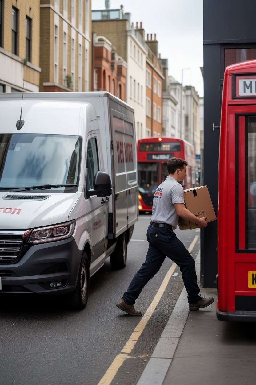professional Mover carrying boxes from a home on the street during a Office removals Van