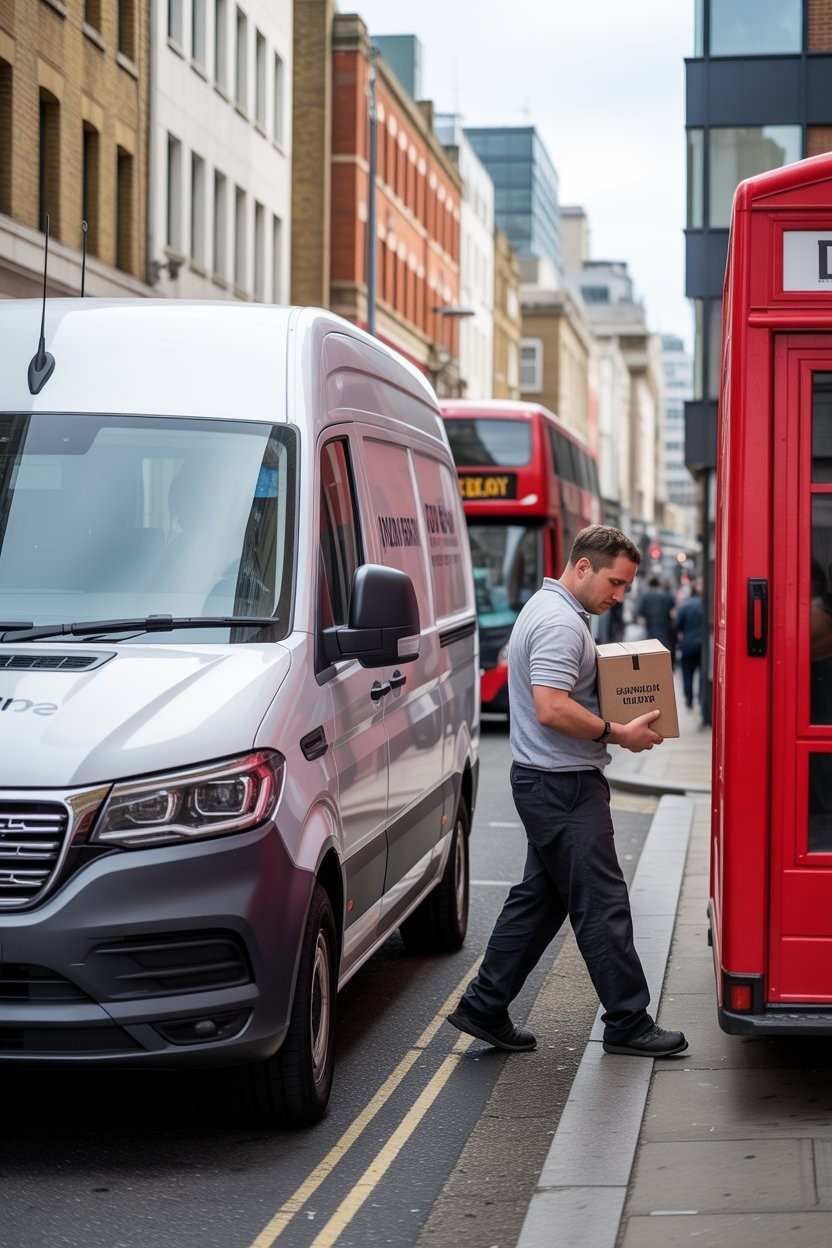 Mover carrying boxes from a service van on the street during a house removal